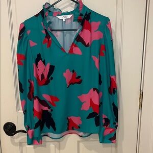 CROSBY by Mollie Burch Vibrant Teal and Pink Floral Blouse